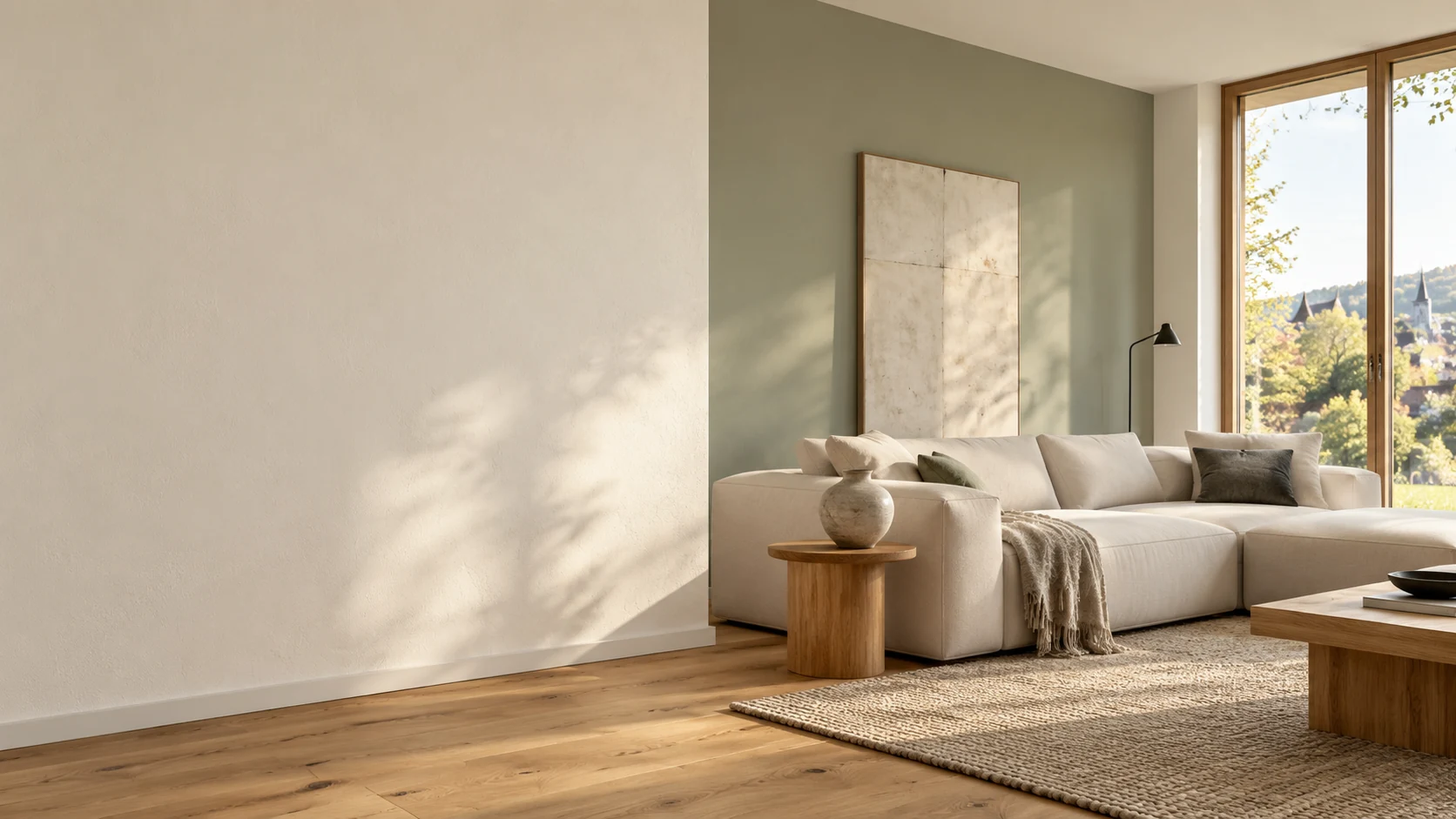 Heller Wohnraum mit warmweißer Putzwand, salbeigrüner Akzentwand und natürlichen Materialien